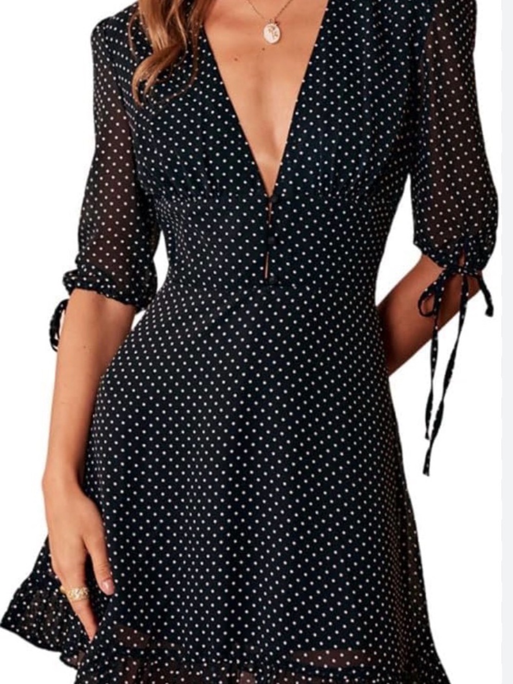RIHOAS Black Polka Dot Mini Dress with V-Neck
